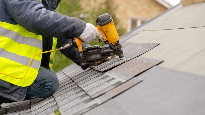 worker on a roof wearing high-vis jacket and gloves operating a yellow pneumatic nail gun