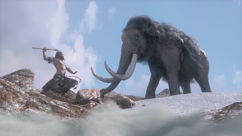 A Neanderthal caveman hunting a mammoth in the Ice Age.