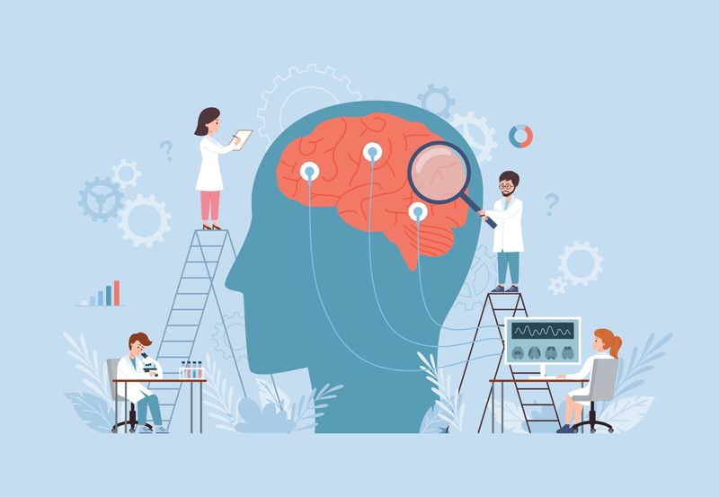 illustration showing several scientists doing research around a large illustration of a human head in profile with the brain visible