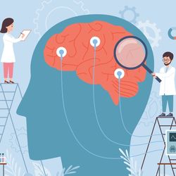 illustration showing several scientists doing research around a large illustration of a human head in profile with the brain visible