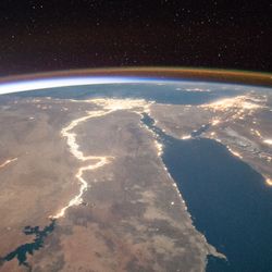 City lights around the River Nile in Africa sparkle in this photograph taken aboard the ISS by NASA astronaut Scott Kelly on July 27, 2015.