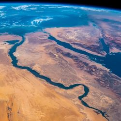 Aerial view of Nile River, Red Sea and Mediterranean Sea. Egypt, Saudi Arabia, Israel and Jordan as seen from space. Satellite view. Elements of this image furnished by NASA.