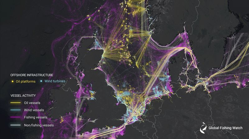 dark map of section of the ocean around British Isles and Northern Europe showing oil platforms in yellow, wind vessels in light blue, fishing vessels in purple and non-fishing vessels in white