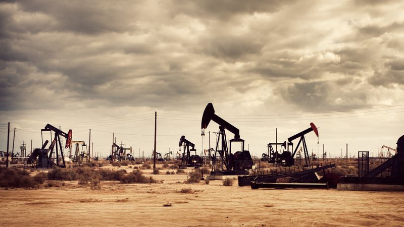 An oil field with pumps in the desert
