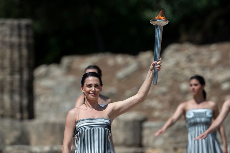 Final dress rehearsal of the Olympic flame lighting ceremony for the Paris 2024 Summer Olympic Games in Ancient Olympia, Greece