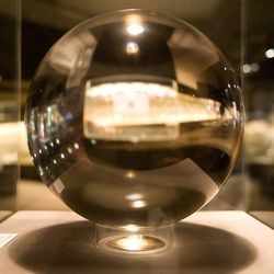 Photograph of one of the largest flawless quartz crystal balls in the world.