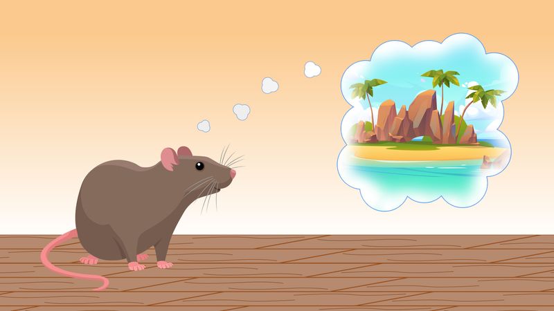 cartoon rat with thought bubble showing tropical island