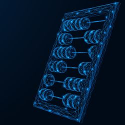 Rendering of an abacus made of blue polygons on a dark navy background