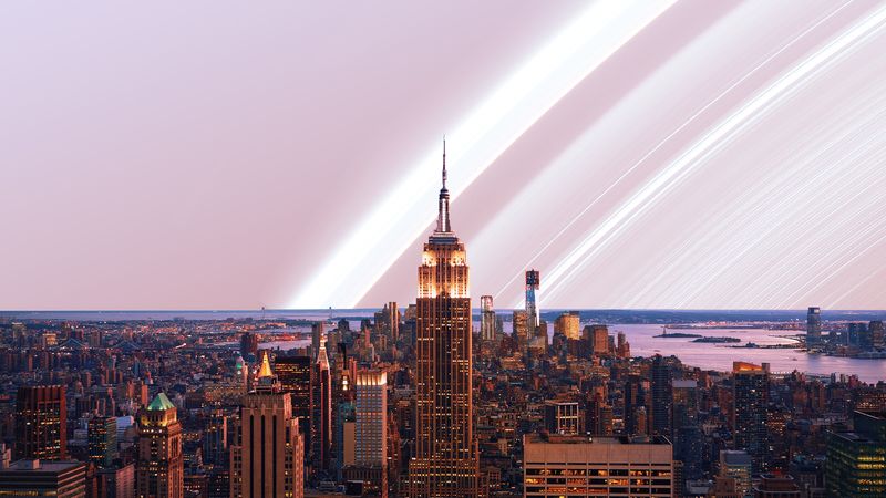 New York at dawn with fictional Saturn-like rings visible in the sky.