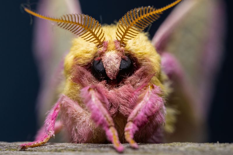 Rosy Maple Moth, a brightly colored pink and yellow moth, Macro Photography
