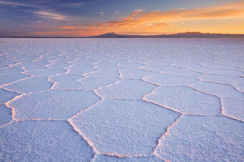 The world's largest salt flat, Salar de Uyuni in Bolivia, photographed at sunrise.