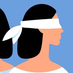 cartoon depictions of two females stood back to back, one wearing white headphones, the other wearing a white blindfold, against a blue background