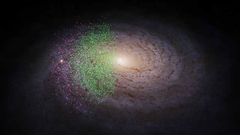 The image shows a generic spiral galaxy. The pink dots representing Shakti's stare are all towards the edge with little overlap with the stars from Shiva which reach the core of our galaxy