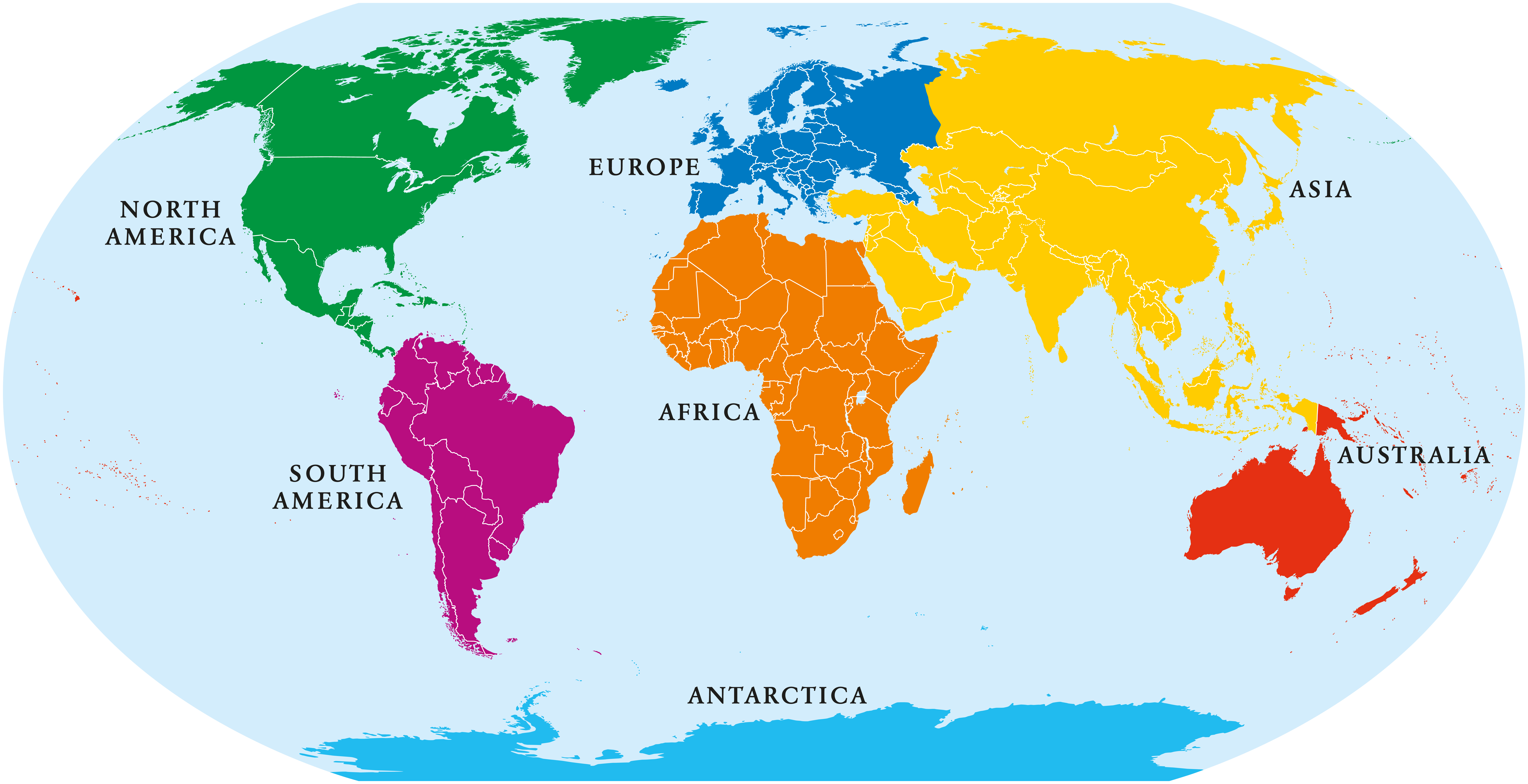 Seven continents world map. Asia, Africa, North and South America, Antarctica, Europe and Australia. Detailed map with shorelines and national borders under Robinson projection on white background. Seven continents world map. Asia, Africa, North and South America, Antarctica, Europe and Australia. Detailed map with shorelines and national borders under Robinson projection on white background.