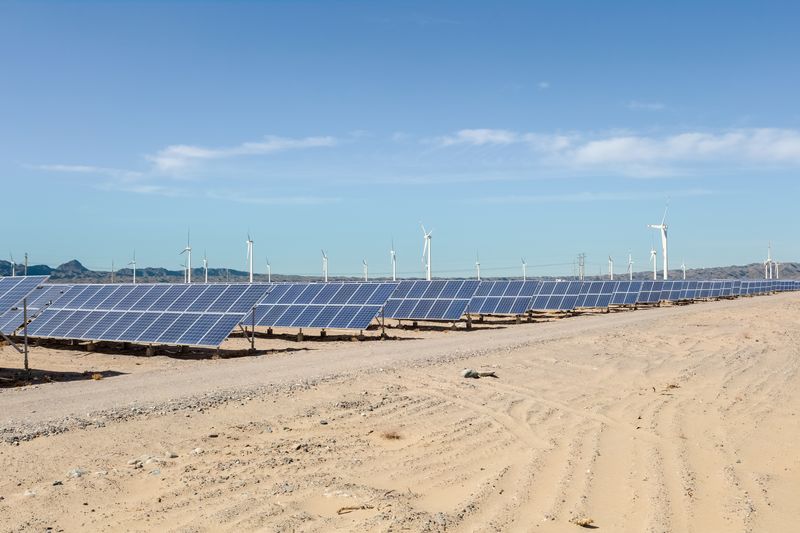 solar panels laid out in a diagonal line across the desert with wind turbines visible in the background