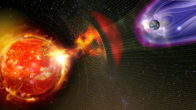 The Sun and the Earth unrealistically close and a coronal mass ejecection is seen releasing from the sun and interacting with our planet magnetic field represented in purple.