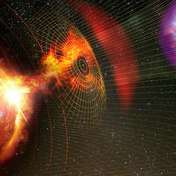 The Sun and the Earth unrealistically close and a coronal mass ejecection is seen releasing from the sun and interacting with our planet magnetic field represented in purple.