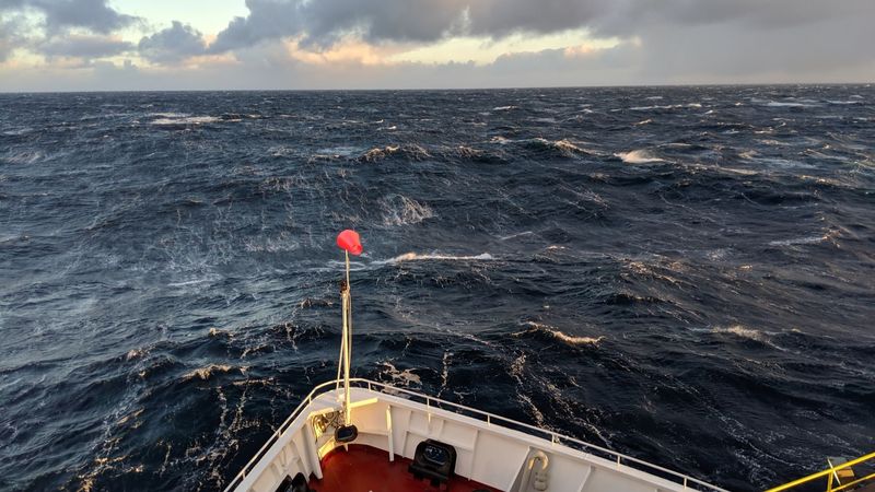 The research vessel, JOIDES Resolution, heads into a rare calm day in the South Pacific region of the Antarctic Circumpolar Current