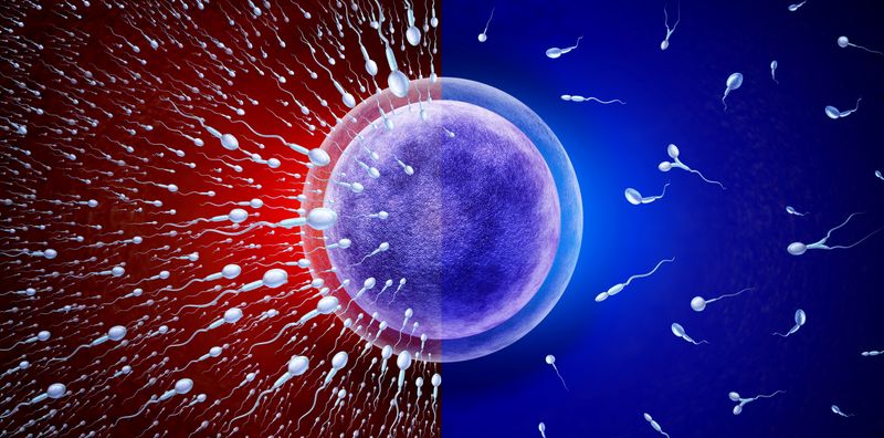 image depicting declining sperm counts; purple 3D image of an egg cell in the middle, on the left is a red background with lots of white sperm cells, on the right is blue background with many fewer sperm cells