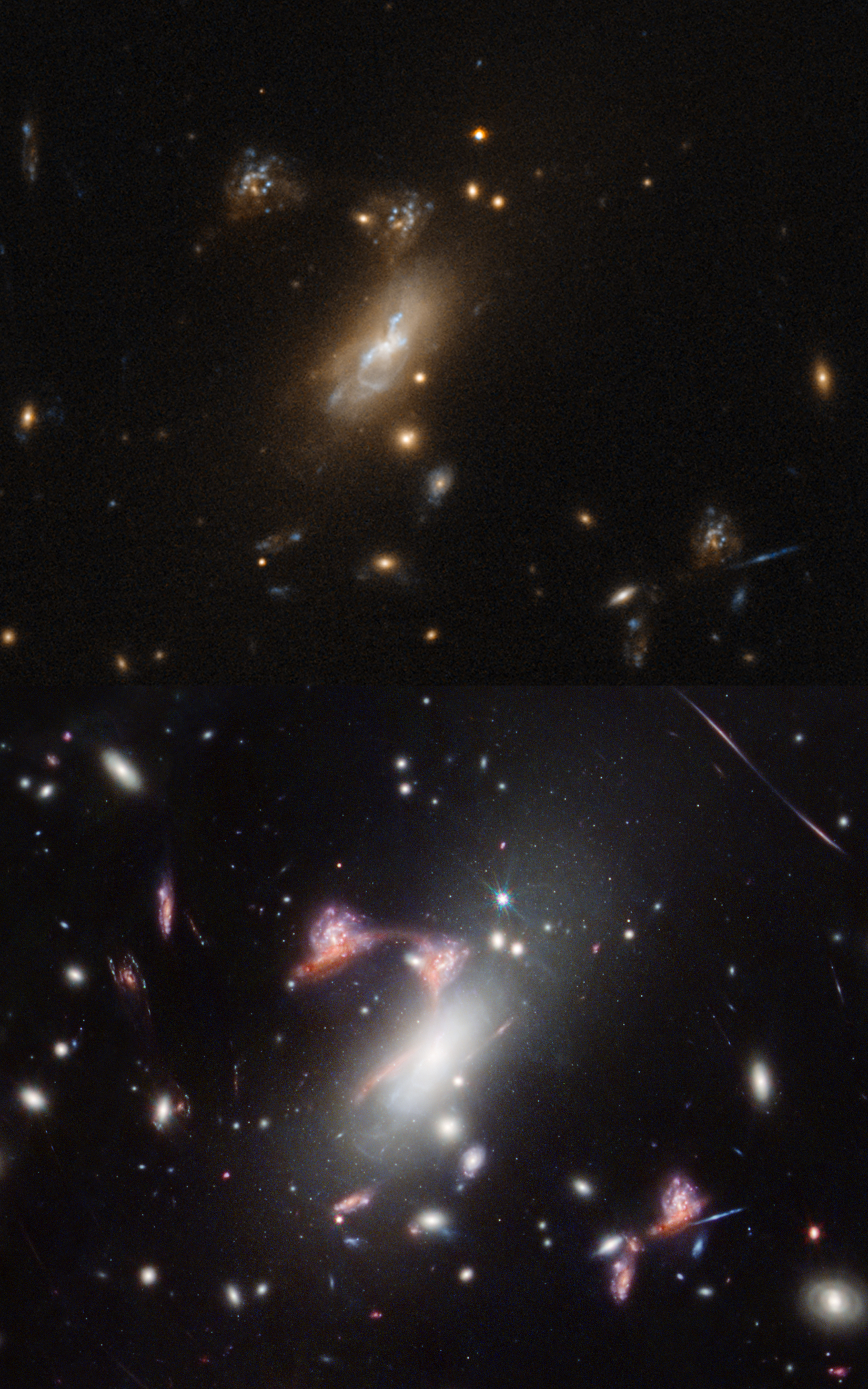 The hubble image shows signficantly less details and you can barely see the red merger galaxy compared to the JWST version The hubble image shows signficantly less details and you can barely see the red merger galaxy compared to the JWST version