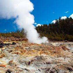 A rocky surface with a steaming geyser, trees are in the background