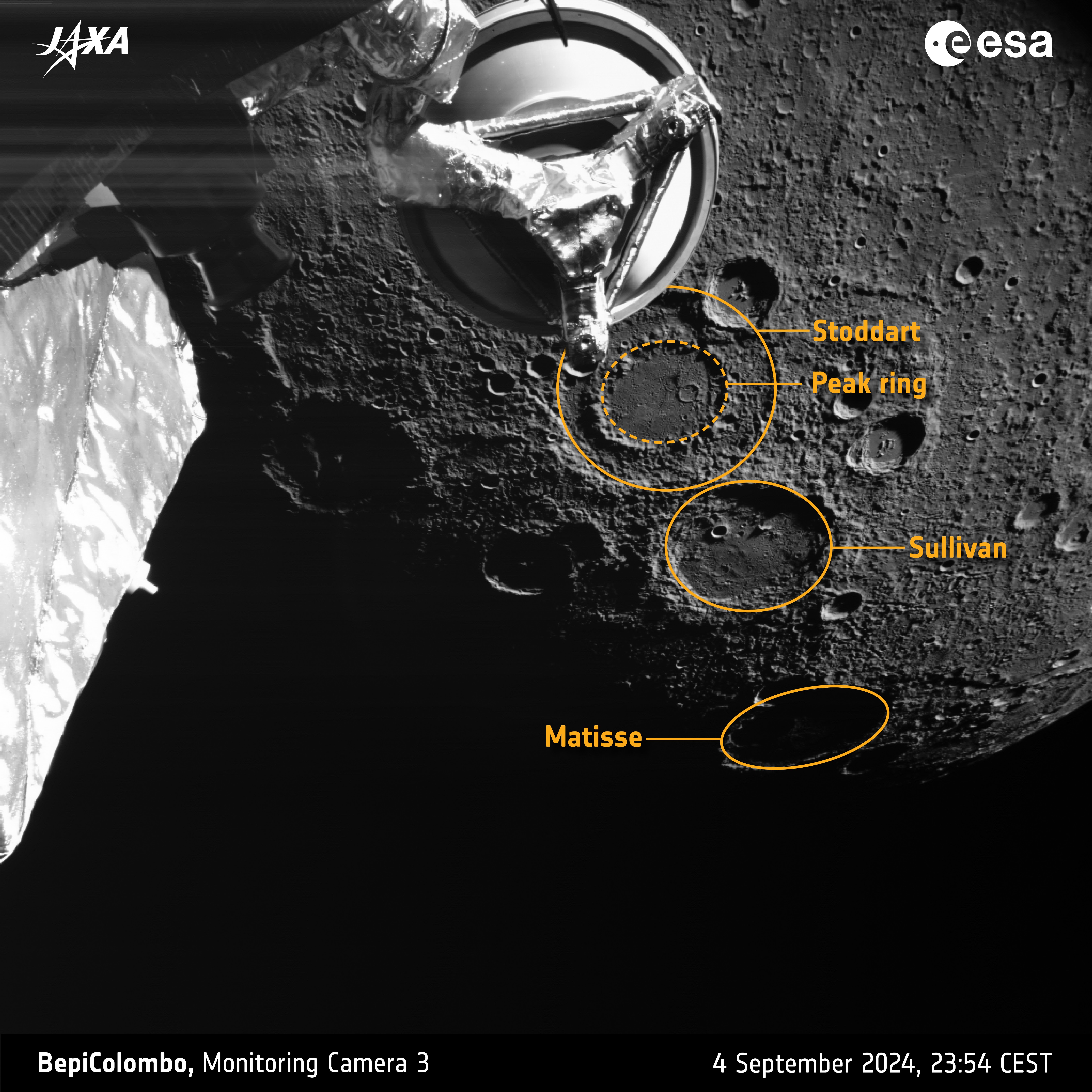 Planet Mercury in the background with its grey, cratered, pock-marked surface. In the foreground are some spacecraft parts. Stoddart crater is also donut shaped like a ring inside a ring, but smaller than vivaldi. next to it a similar size Sullivan and slight further north in the shae the Matisse crater Planet Mercury in the background with its grey, cratered, pock-marked surface. In the foreground are some spacecraft parts. Stoddart crater is also donut shaped like a ring inside a ring, but smaller than vivaldi. next to it a similar size Sullivan and slight further north in the shae the Matisse crater
