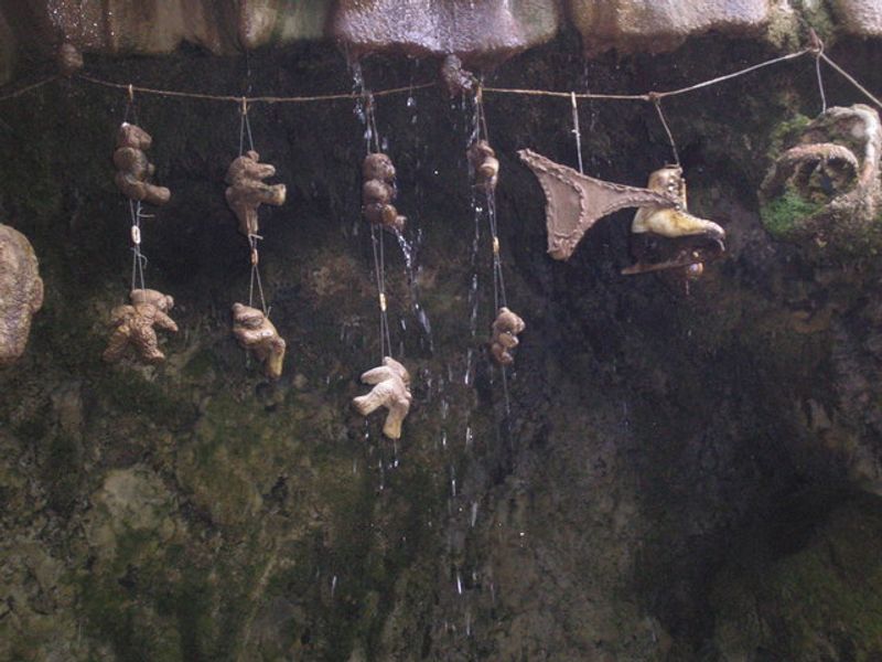 Teddy bears, underpants, and an ice skate hung up at the petrifying well