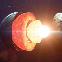 A digital representation showing the planet separated into its constituent parts, like different sized hollow spheres fitting inside one another. At the centre is the glowing super-hot core. 