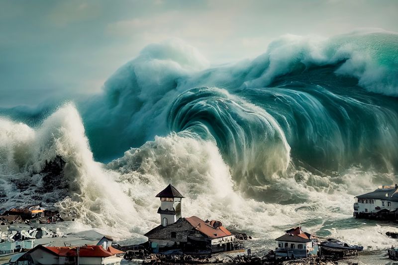 A tsunami hit a small seaside town.