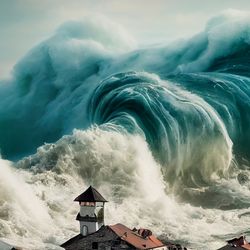 A tsunami hit a small seaside town.