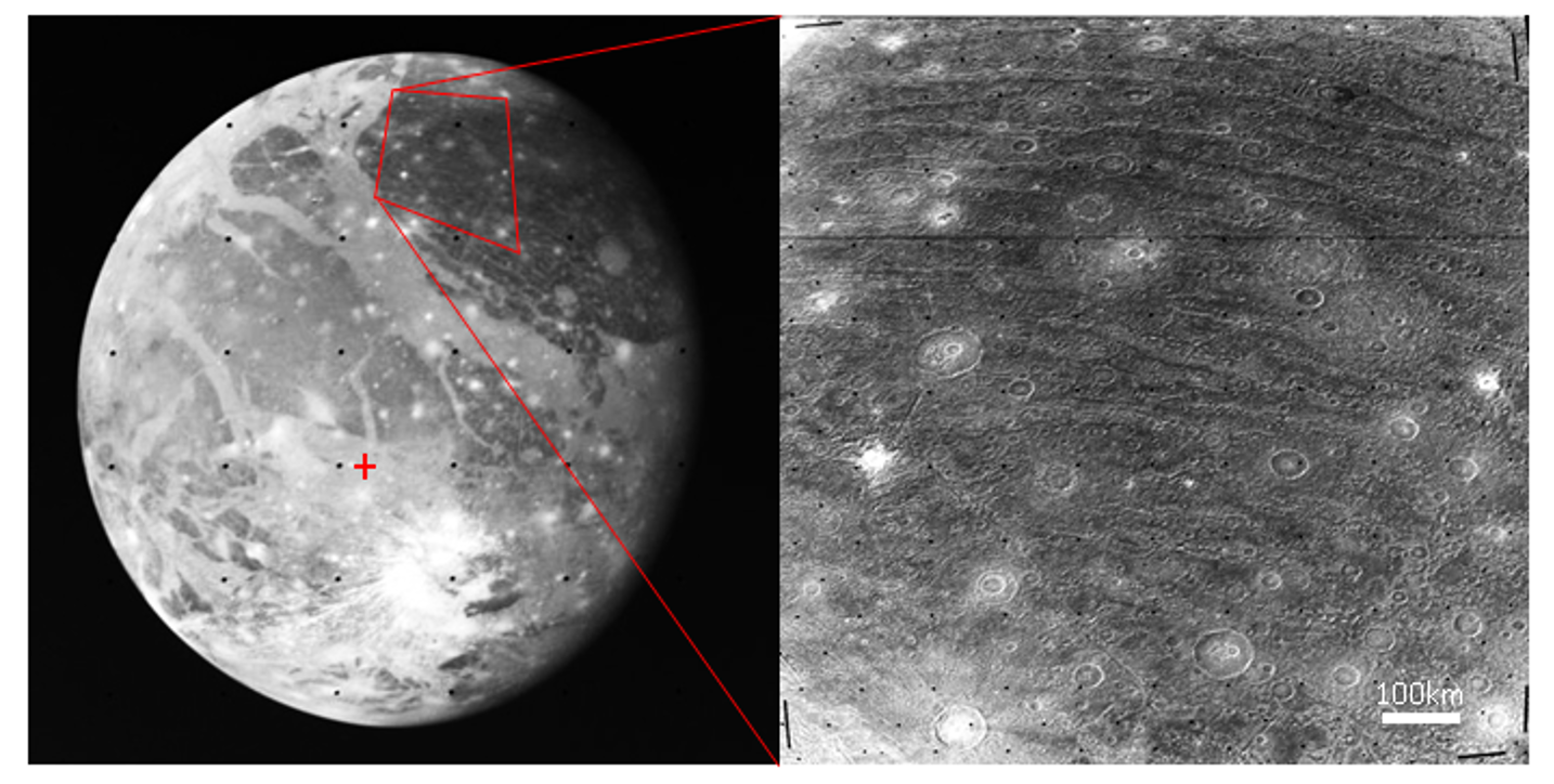 An image of ganymede with a red corss in the middle of the moon. a zoomed-in version away from the cross shors a series of parallel stripes among smaller craters. An image of ganymede with a red corss in the middle of the moon. a zoomed-in version away from the cross shors a series of parallel stripes among smaller craters.