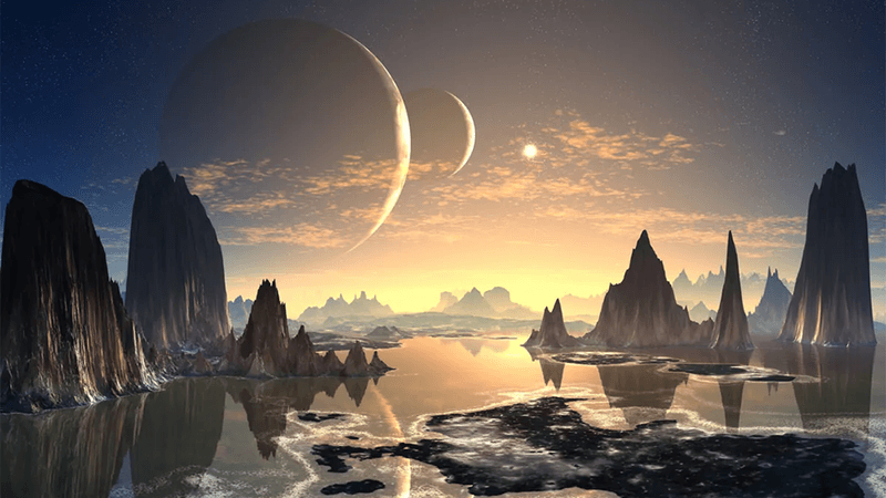 An alien world with two massive moons.