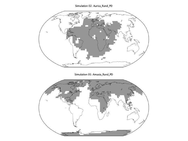 Global Map showing how land could be distributed in the Aurica supercontinent (top) versus Amasia. The future land configurations are shown in gray, with modern-day outlines of the continents for comparison. Global Map showing how land could be distributed in the Aurica supercontinent (top) versus Amasia. The future land configurations are shown in gray, with modern-day outlines of the continents for comparison.