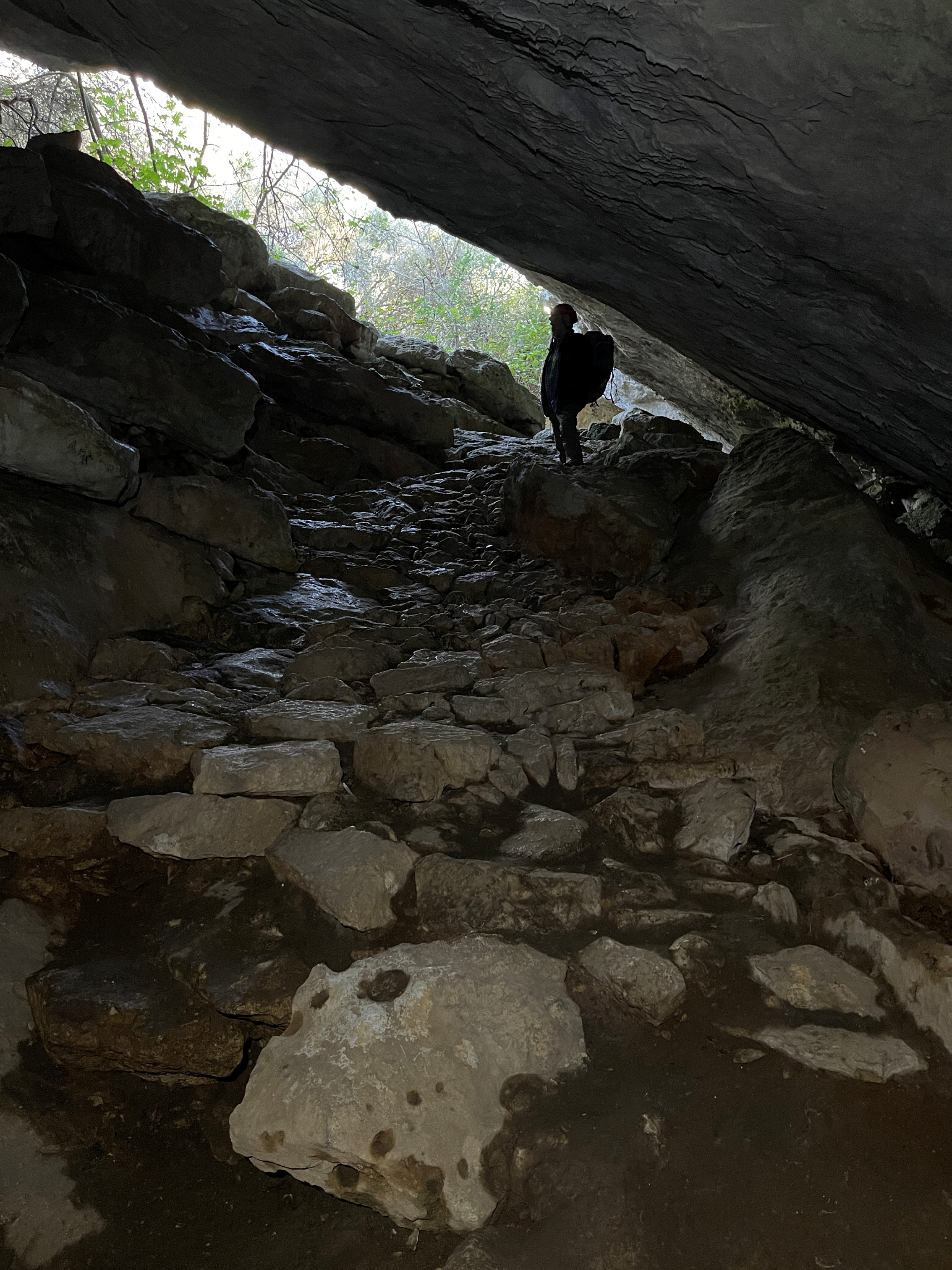 diagonal cave entrance with person silhouetted against trees and sky, some of the rocky path down into the cave is visible towards the photographer diagonal cave entrance with person silhouetted against trees and sky, some of the rocky path down into the cave is visible towards the photographer