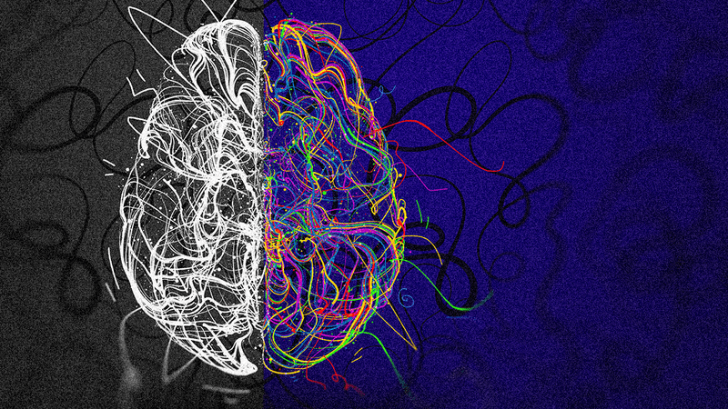 illustration of the brain, half is black and white and the other half is in color