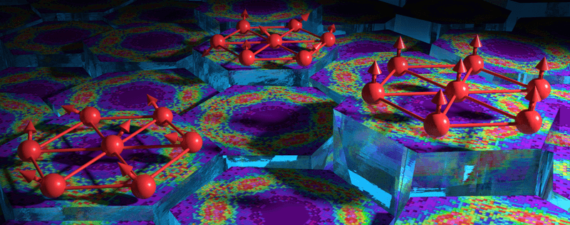 Red arrows represent electron spin orientations in a portion of the YbMgGaO4 crystal structure, where antiferromagnetic interactions between groups of magnetic moments cause neighboring spins to align anti-parallel to one another.