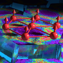 Red arrows represent electron spin orientations in a portion of the YbMgGaO4 crystal structure, where antiferromagnetic interactions between groups of magnetic moments cause neighboring spins to align anti-parallel to one another.
