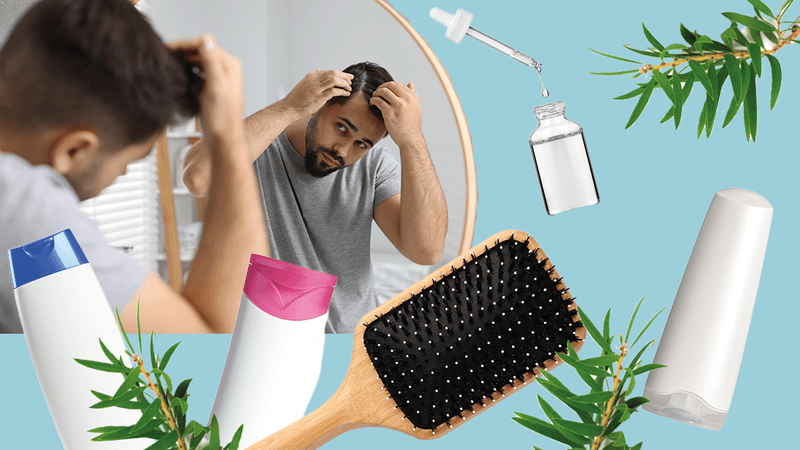 collage of man looking at scalp in a mirror, tea tree leaves, shampoo bottles, a dropper bottle containing clear liquid and a hairbrush