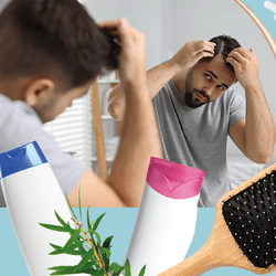 collage of man looking at scalp in a mirror, tea tree leaves, shampoo bottles, a dropper bottle containing clear liquid and a hairbrush