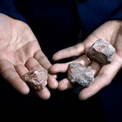 Wenhao's open palms are in sharp focus and take up nearly all of the image. The rest of Wenhao's body is barely visible. He is holding three rocks, one in his right hand, two more in his left. The rocks are a motley of reddish-pink, reddish-brown, and black colors, with some white showing wear the edges have worn.