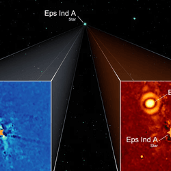 Two square insight show a pixelated observation of the planet, showing a round glow with a ring and the location of the star which is blocked from view. Behind a starry sky with the location of the star higlighted