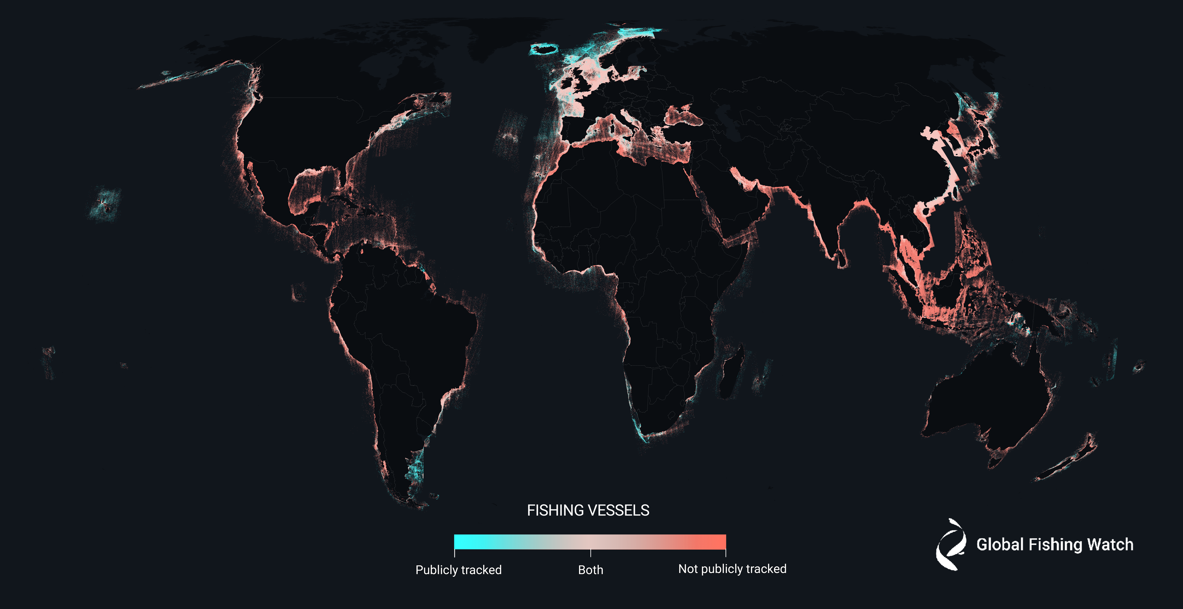 dark map of the world with colored shading around coastlines showing fishing traffic, with a scale from turquoise (publicly tracked) to red (not publicly tracked) dark map of the world with colored shading around coastlines showing fishing traffic, with a scale from turquoise (publicly tracked) to red (not publicly tracked)