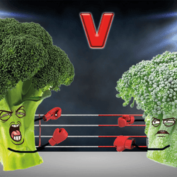 Fresh vs frozen broccoli fighting in a boxing ring