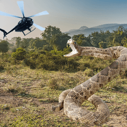 A Photoshopped image of a massive snake attacking a helicopter in the jungle.