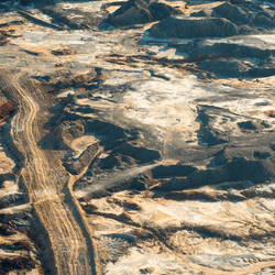 Gold mines seen in the landscape from above.