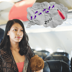 woman leading a line of people down a plane, thought bubble above her head containing footsteps, symbol for sleep, and a water bottle