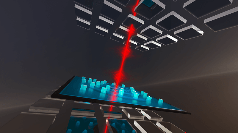 Conceptual art of the operating device, consisting of a nanopillar-loaded drum sandwiched by two periodically segmented mirrors, allowing the laser light to strongly interact with the drum quantum mechanically at room temperature.