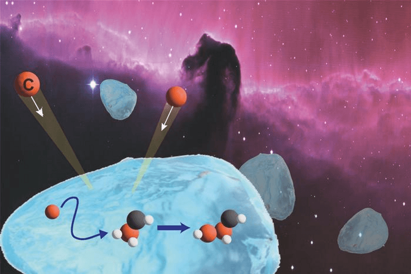 Ice grains and representatations of carbon atoms against an image of the sort of nebula where these combine to make complex organic molecules