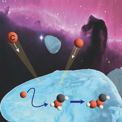 Ice grains and representatations of carbon atoms against an image of the sort of nebula where these combine to make complex organic molecules