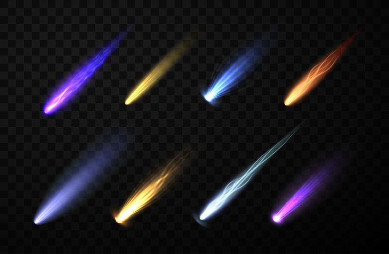 Illustration of eight multicolored comets on a black background